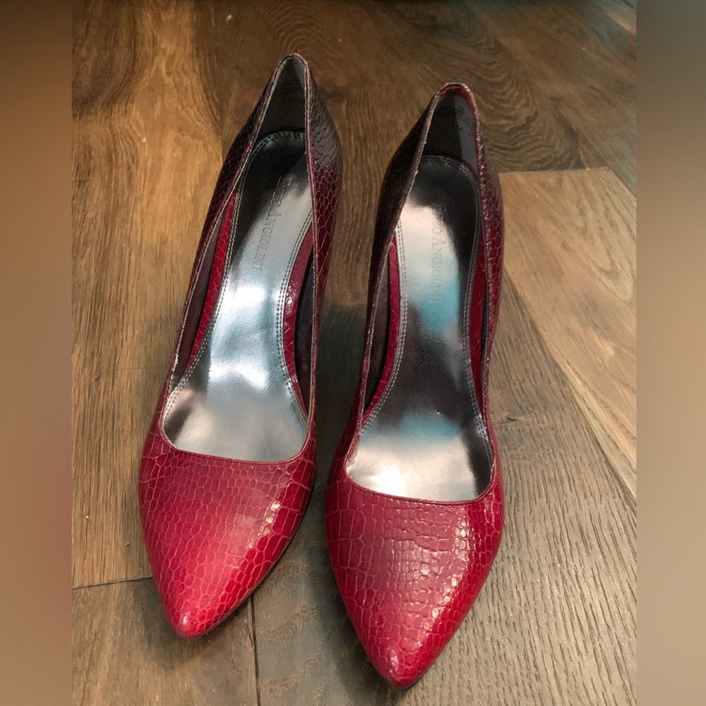 Faux snakeskin red and black heels